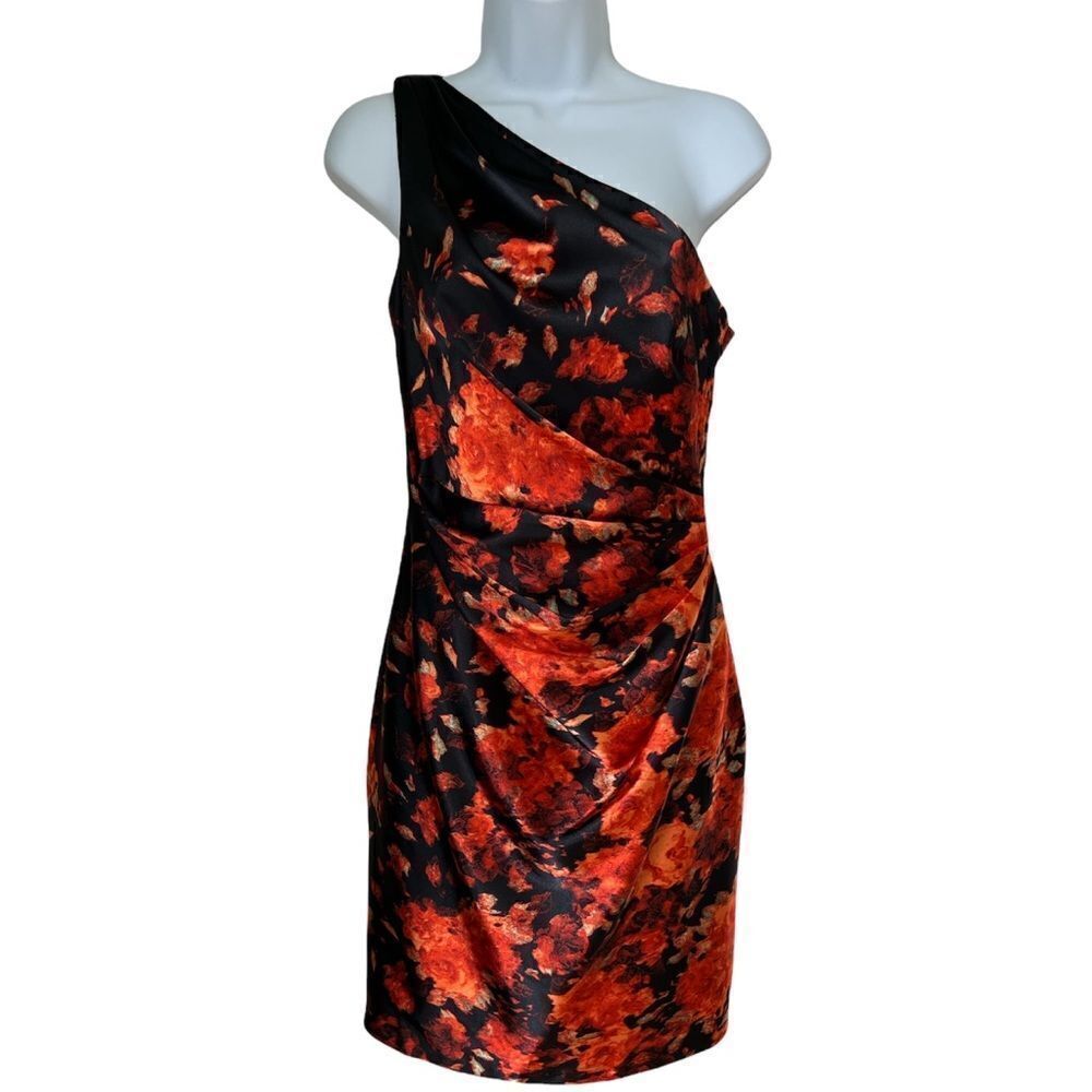 Maggy London One Shoulder Black Satin Floral Evening dress sz 4